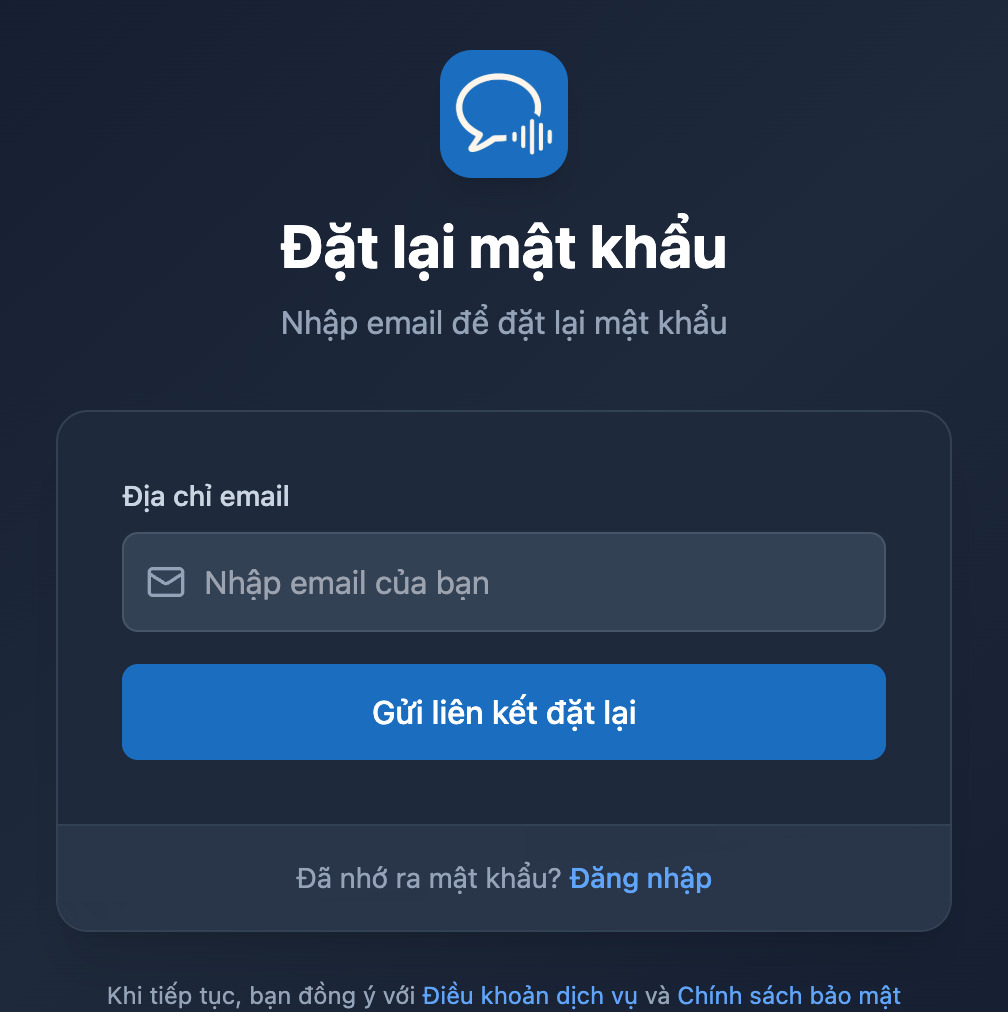 Màn hình Đặt lại mật khẩu trong ứng dụng Whisperr Web, với ô nhập email và nút Gửi liên kết đặt lại