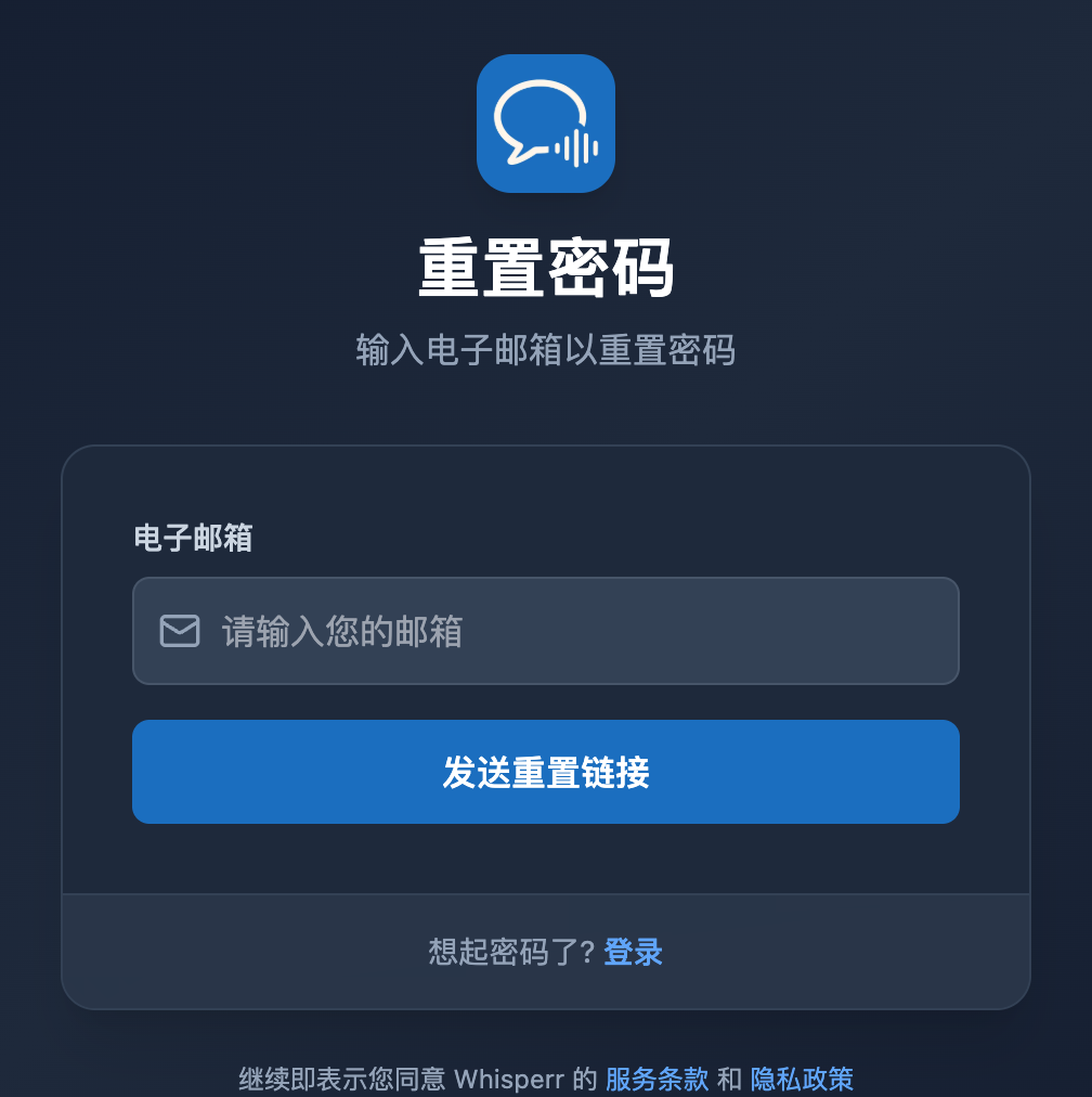 Whisperr Web 应用中的重置密码界面，包含电子邮箱输入框和发送重置链接按钮