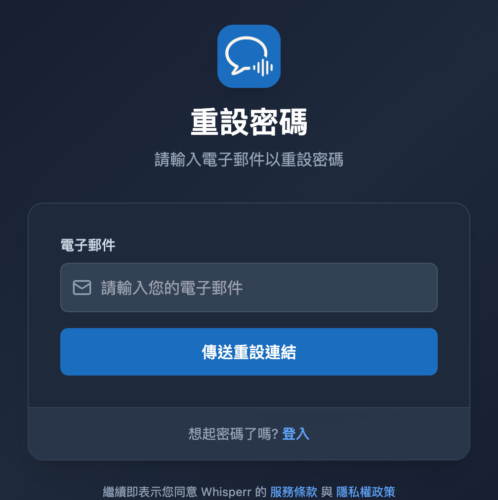 Whisperr 網頁版應用程式的重設密碼畫面，含電�子郵件欄位與傳送重設連結按鈕