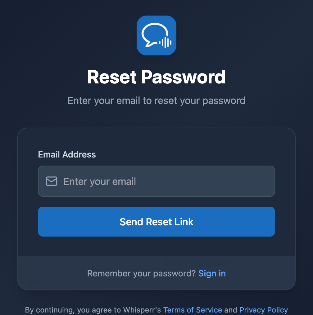 The Reset Password screen in the Whisperr Web app, with an email field and a Send Reset Link button