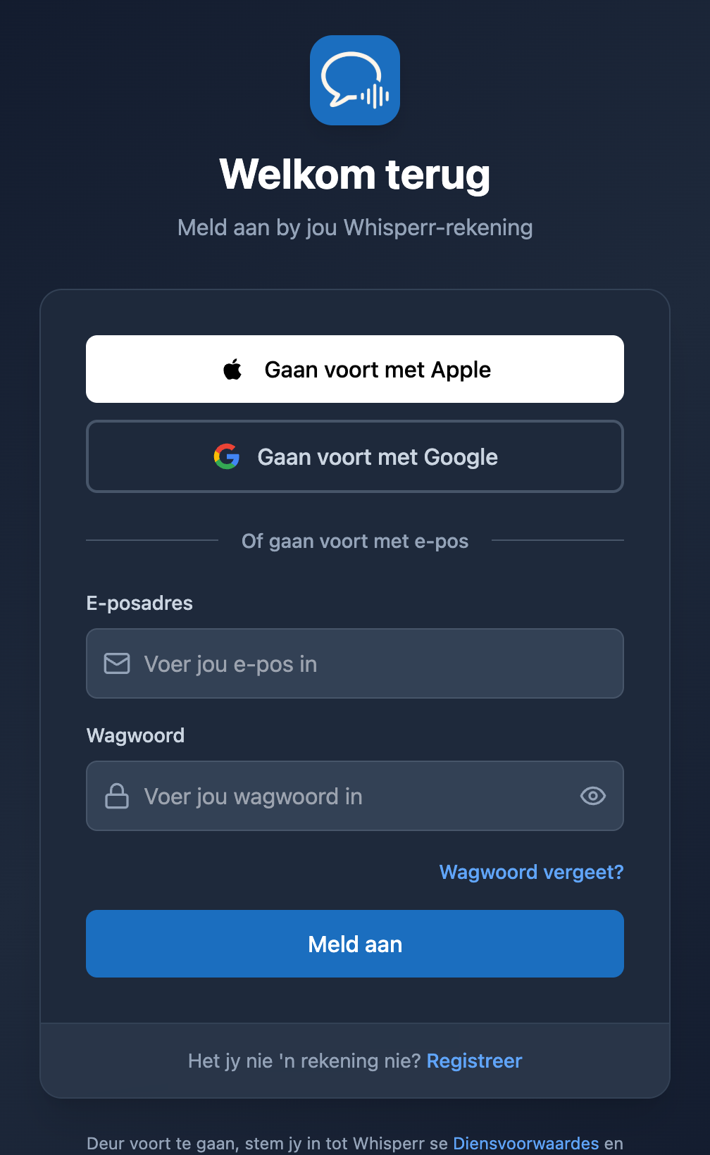 Die Whisperr Web-aanmeldskerm met die Wagwoord vergeet?-skakel onder die wagwoordveld