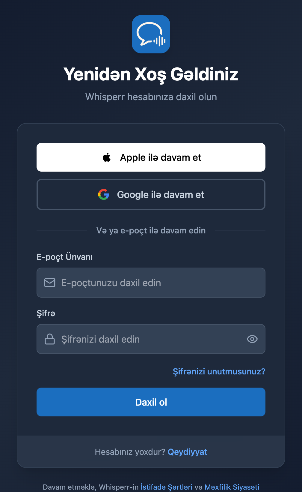 Whisperr Veb tətbiqinin giriş ekranı, şifrə sahəsinin altında Şifrənizi unutmusunuz? keçidi ilə