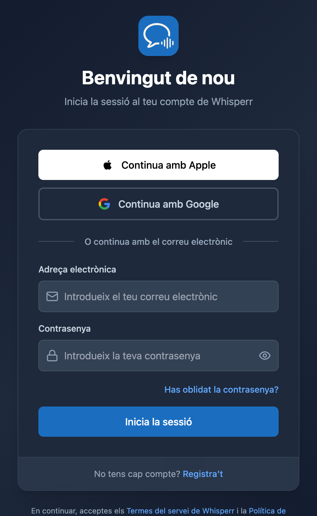 La pantalla d'inici de sessió de Whisperr Web amb l'enllaç Has oblidat la contrasenya? a sota del camp de la contrasenya