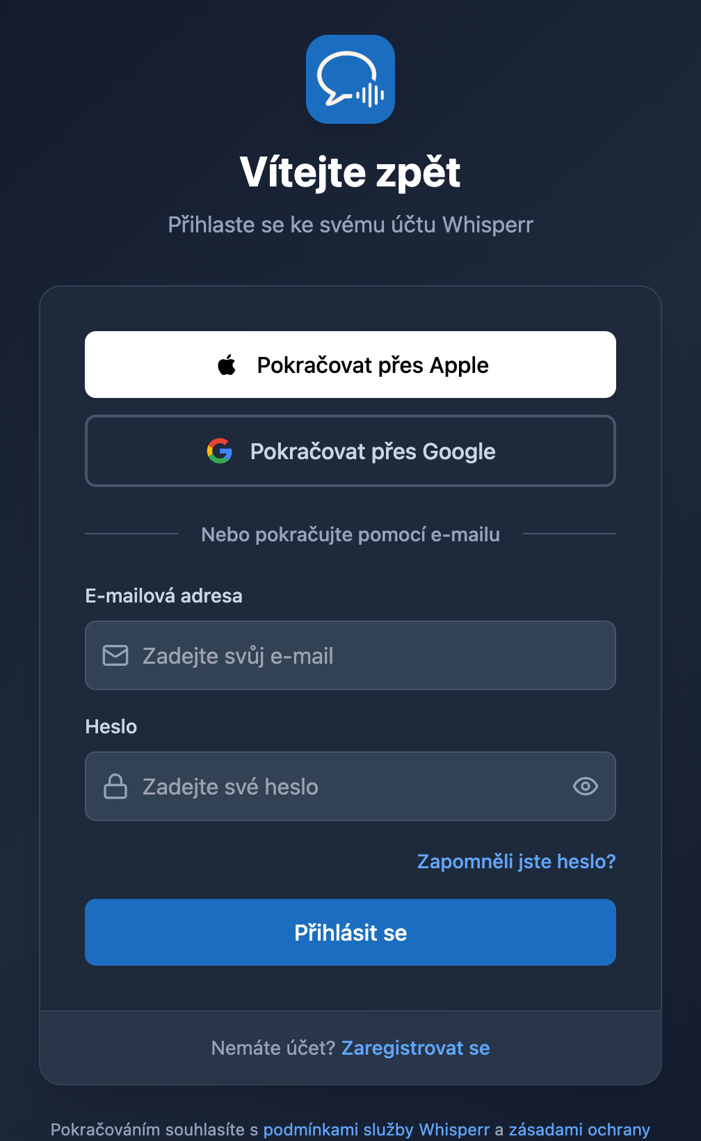Přihlašovací obrazovka webové aplikace Whisperr s odkazem „Zapomněli jste heslo?“ pod polem pro heslo