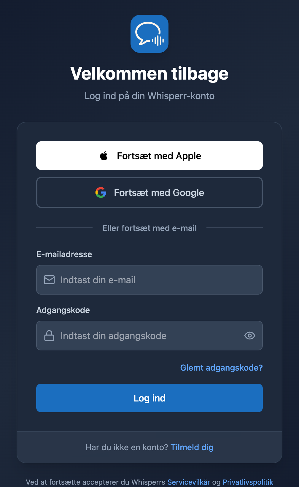 Whisperrs login-skærm på nettet med linket „Glemt adgangskode?“ under adgangskodefeltet