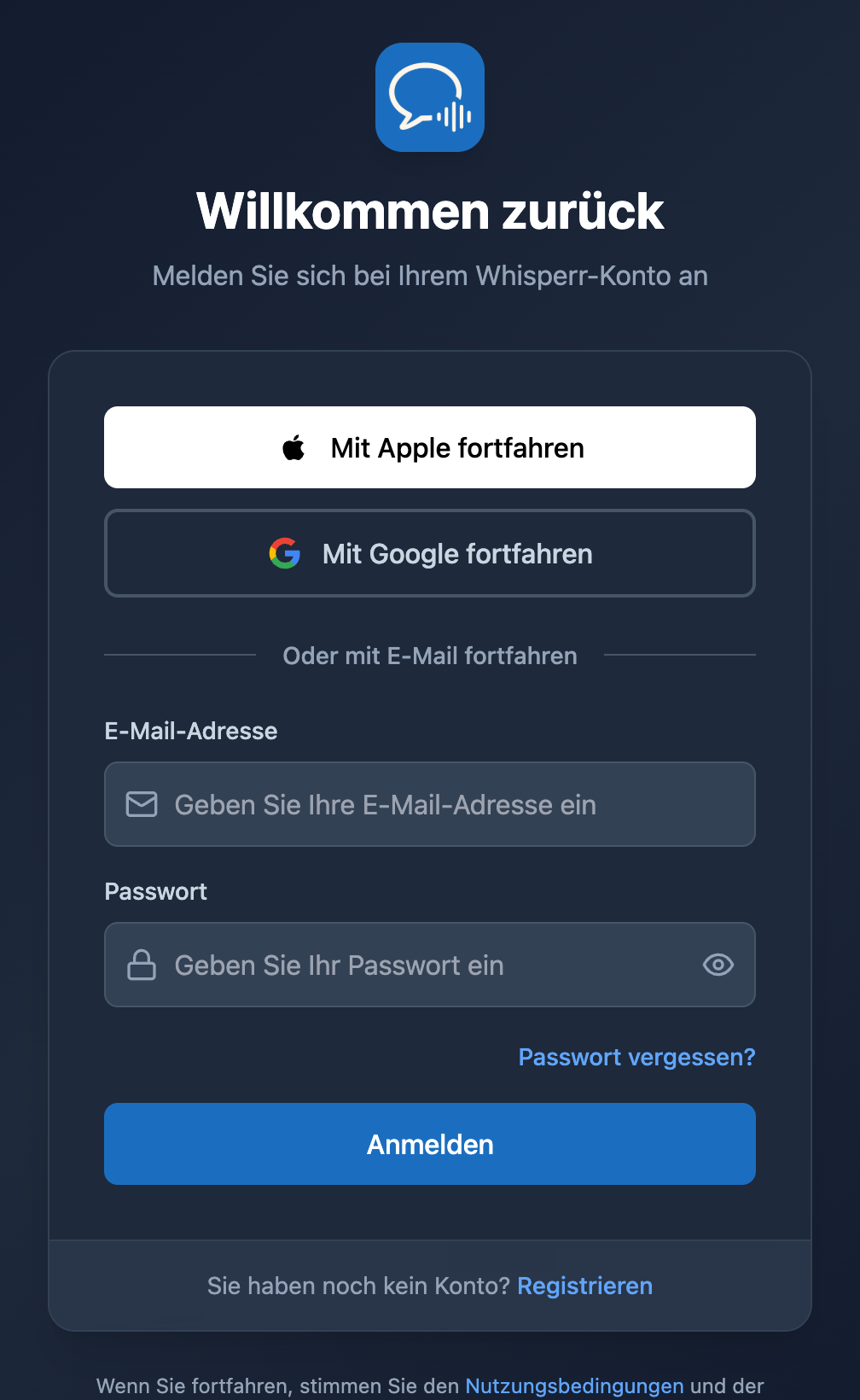 Der Anmeldebildschirm der Whisperr Web-App mit dem Link „Passwort vergessen?“ unter dem Passwortfeld