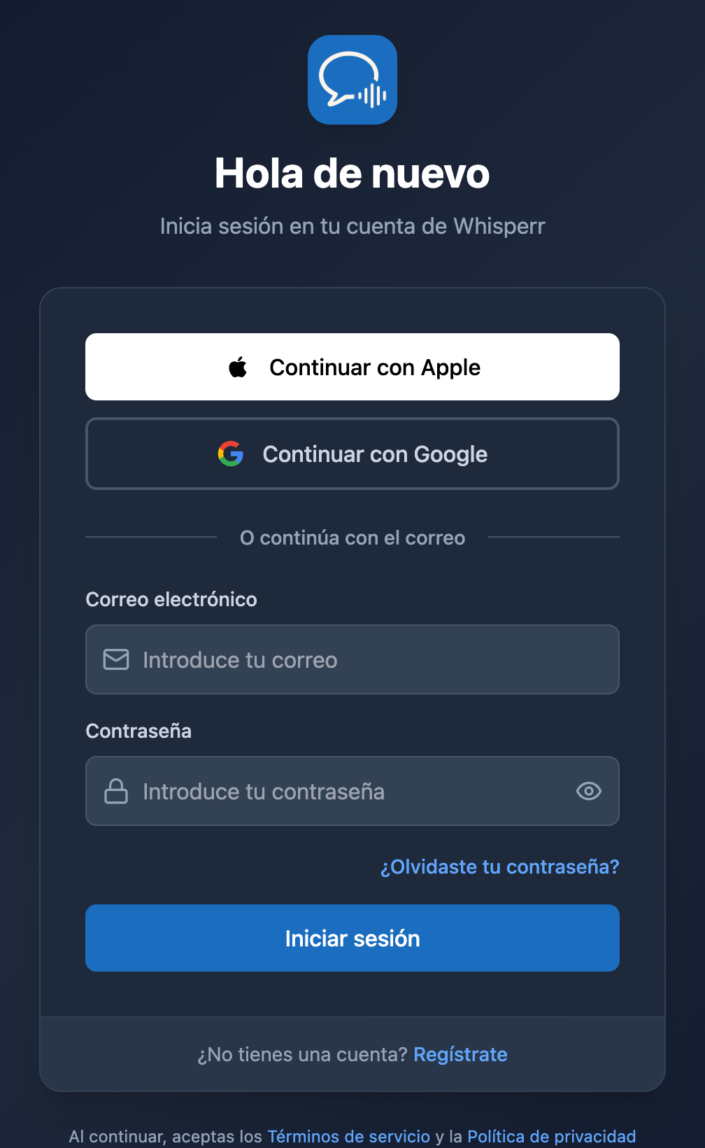 La pantalla de inicio de sesión de Whisperr en la web, con el enlace «¿Olvidaste tu contraseña?» debajo del campo de la contraseña