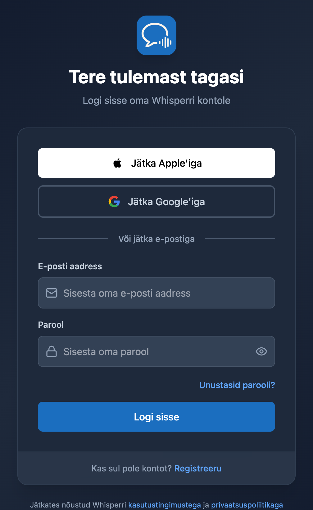 Whisperri veebirakenduse sisselogimisekraan, kus paroolivälja all on link „Unustasid parooli?“