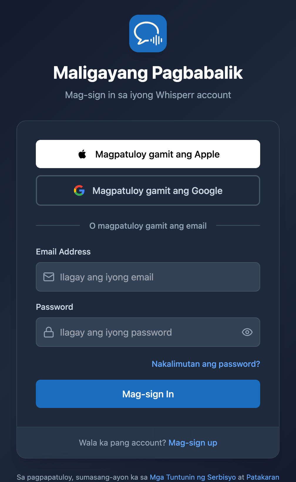 Ang sign-in screen ng Whisperr Web na may link na Nakalimutan ang password? sa ilalim ng password field