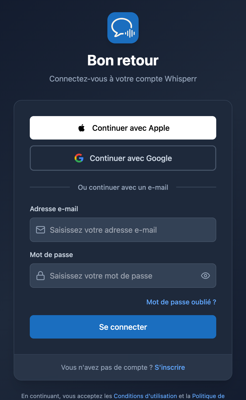 L'écran de connexion de Whisperr Web avec le lien Mot de passe oublié ? sous le champ du mot de passe