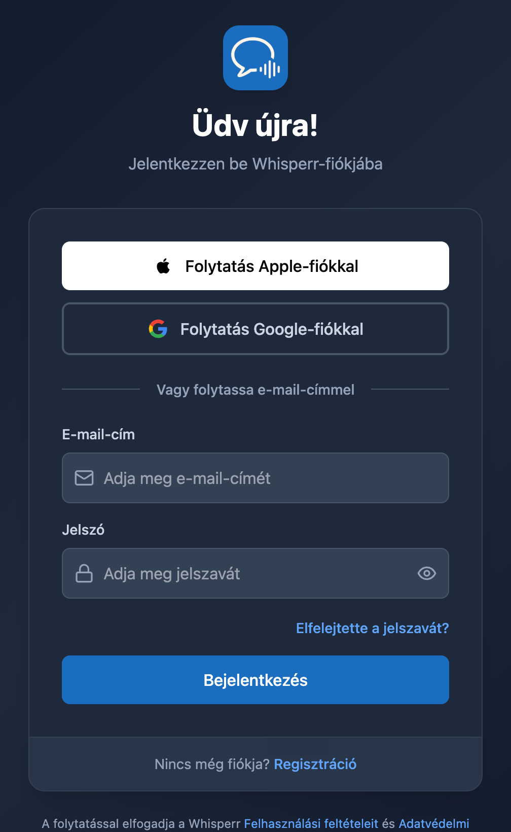 A Whisperr webes bejelentkezési képernyője az Elfelejtette a jelszavát? linkkel a jelszó mező alatt