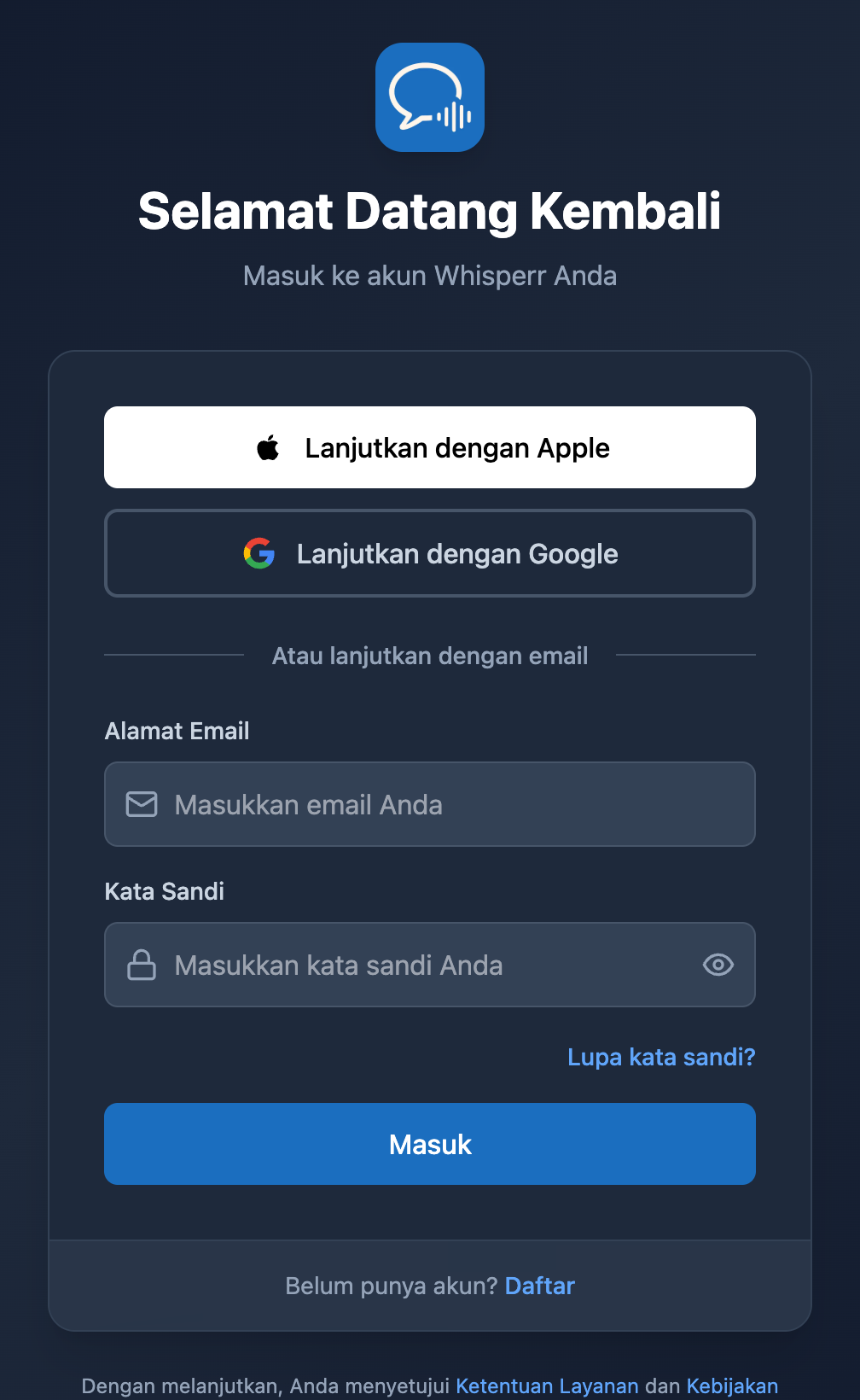 Layar masuk Whisperr Web dengan tautan Lupa kata sandi? di bawah kolom kata sandi
