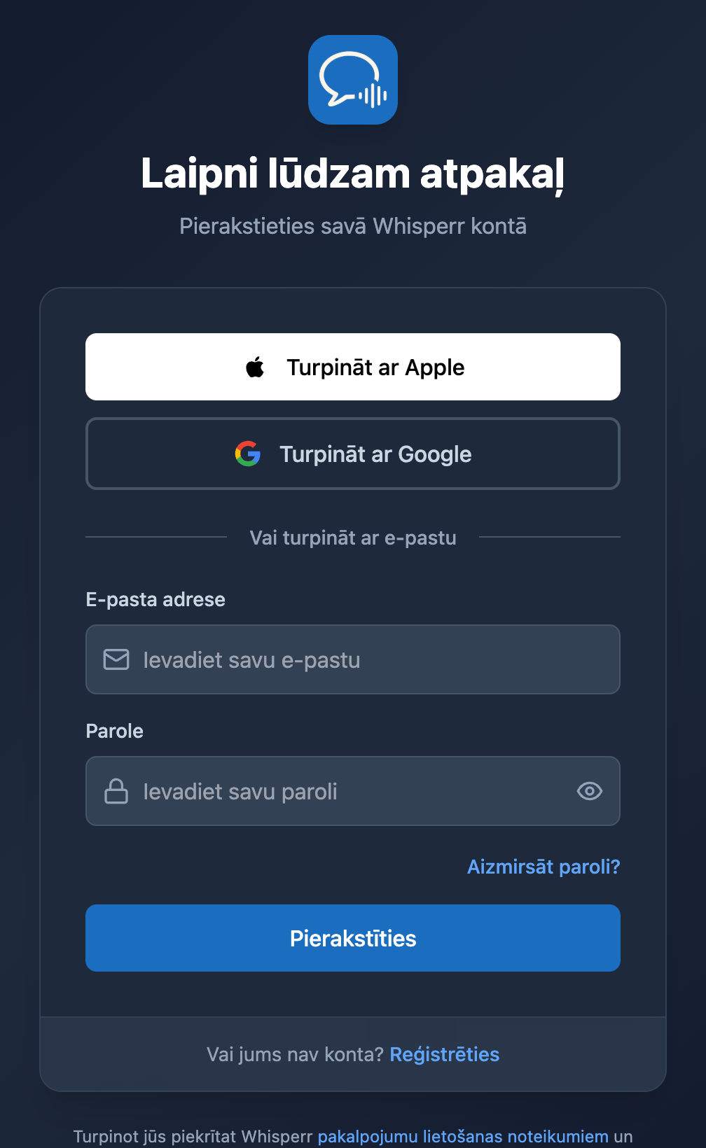 Whisperr tīmekļa pierakstīšanās ekrāns ar saiti Aizmirsāt paroli? zem paroles lauka
