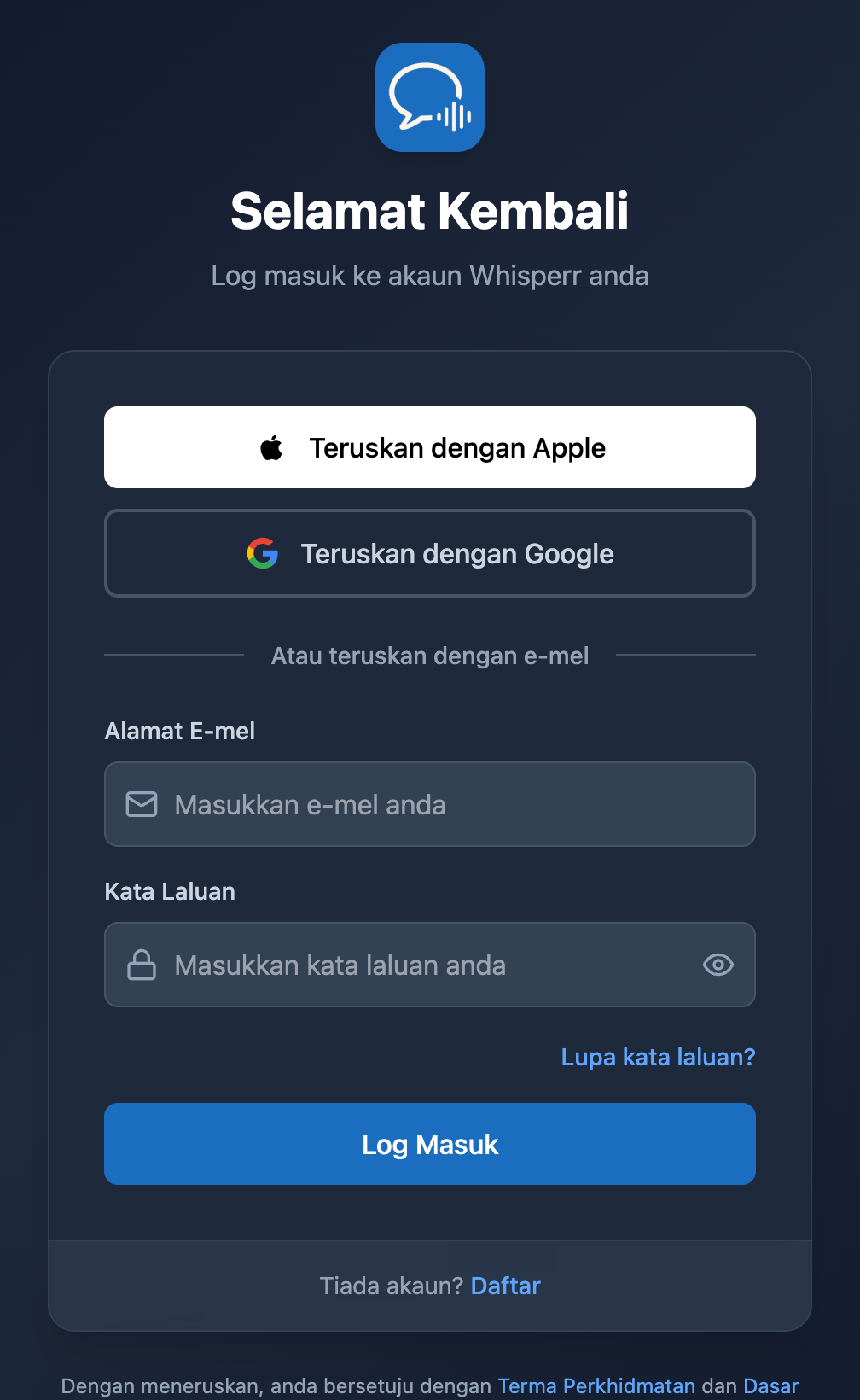 Skrin log masuk Web Whisperr dengan pautan Lupa kata laluan? di bawah medan kata laluan