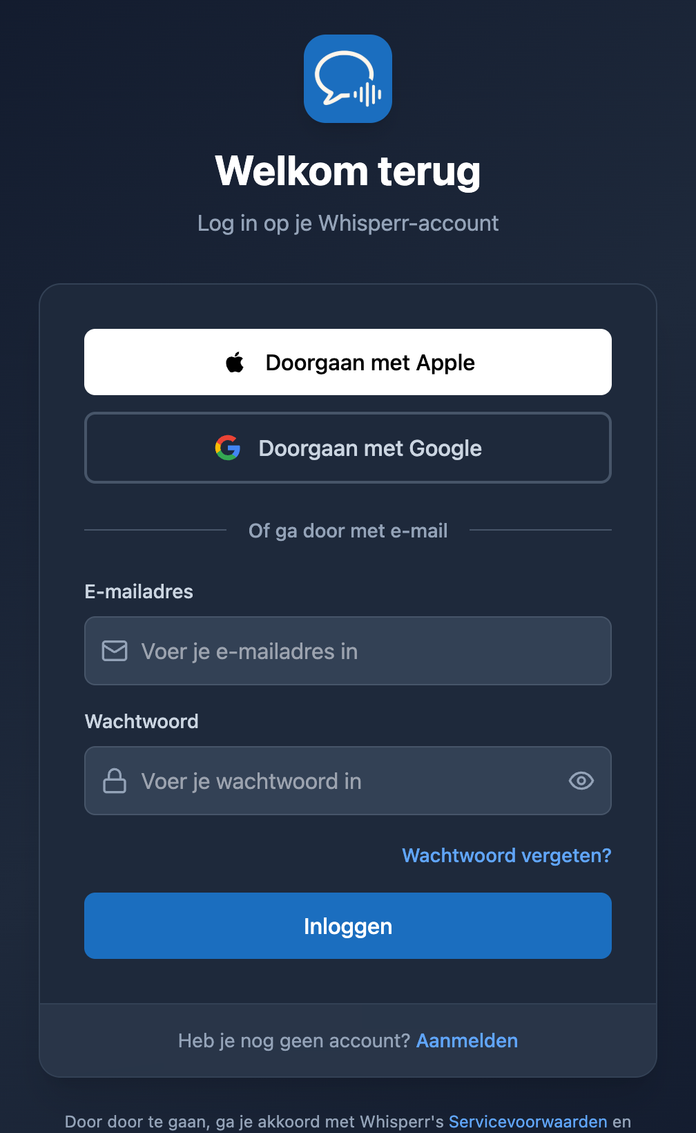 Het inlogscherm van Whisperr Web met de link Wachtwoord vergeten? onder het wachtwoordveld