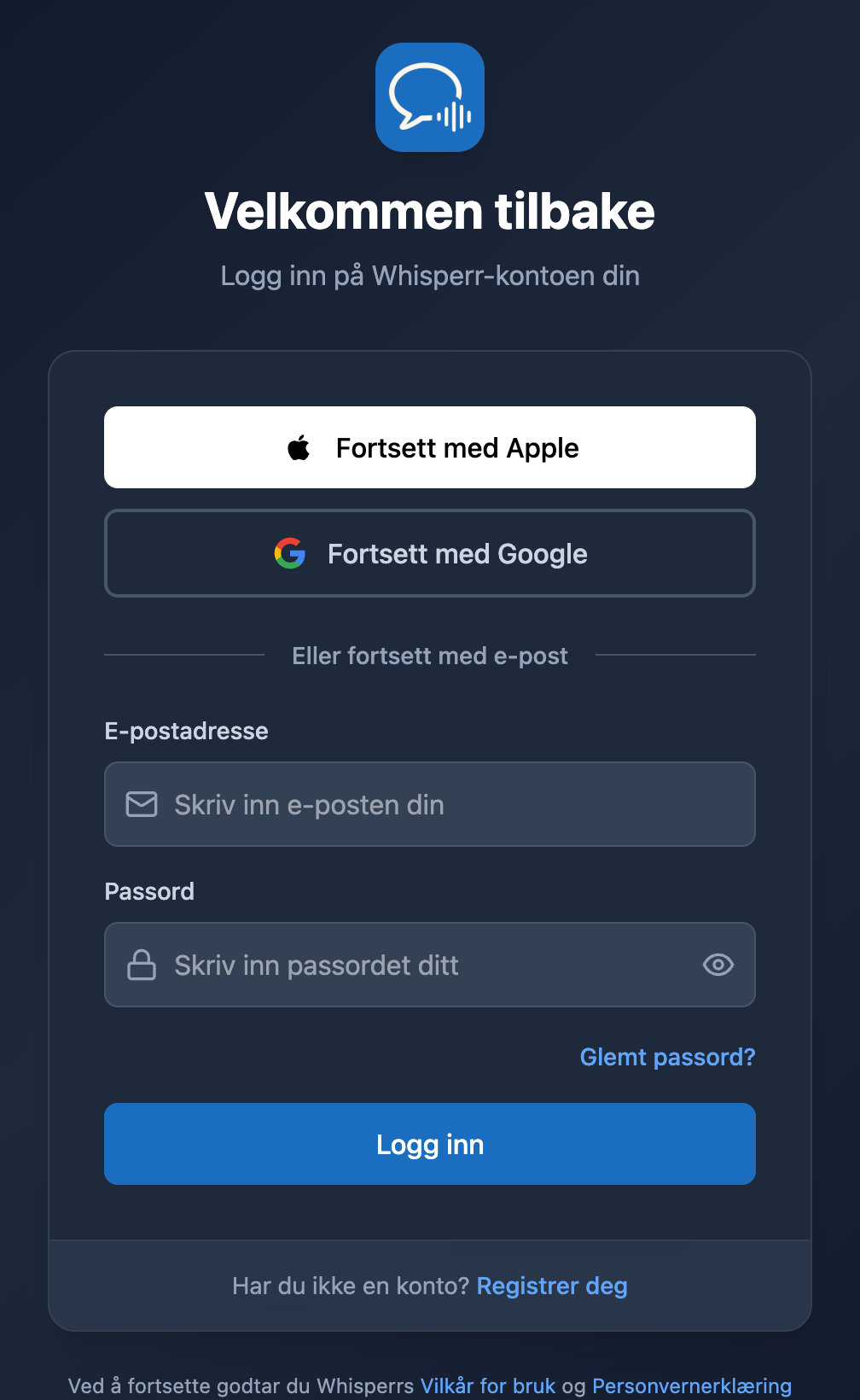 Innloggingsskjermen i Whisperr Web med lenken Glemt passord? under passordfeltet