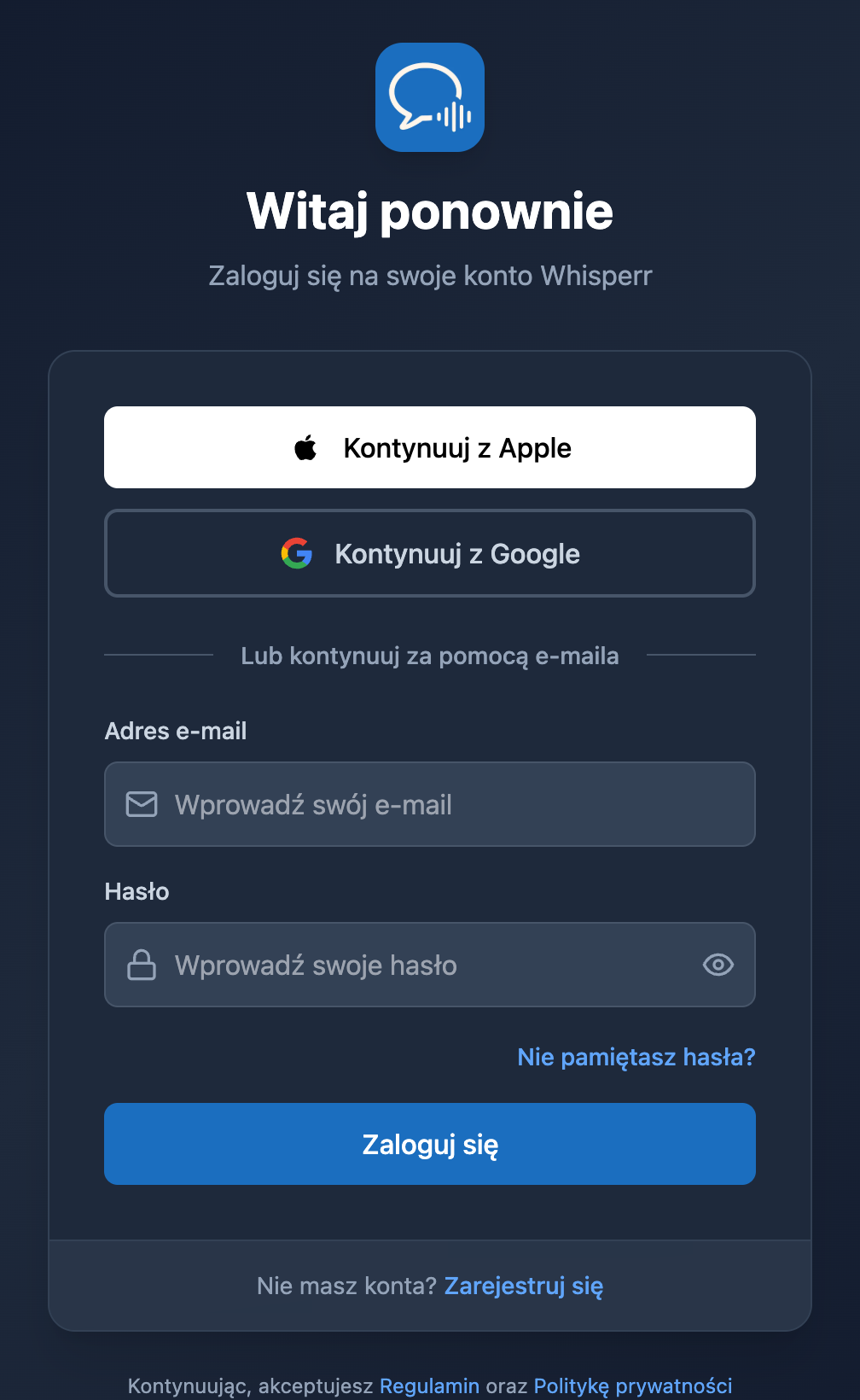 Ekran logowania w aplikacji webowej Whisperr z linkiem Nie pamiętasz hasła? pod polem hasła