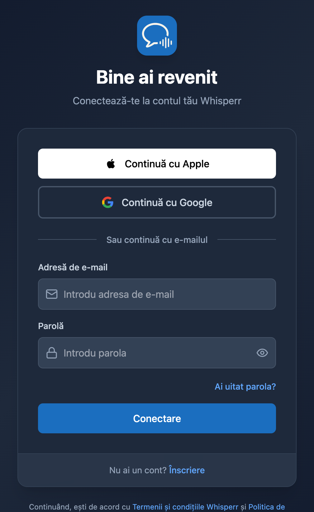 Ecranul de conectare Whisperr Web, cu linkul „Ai uitat parola?” sub câmpul pentru parolă