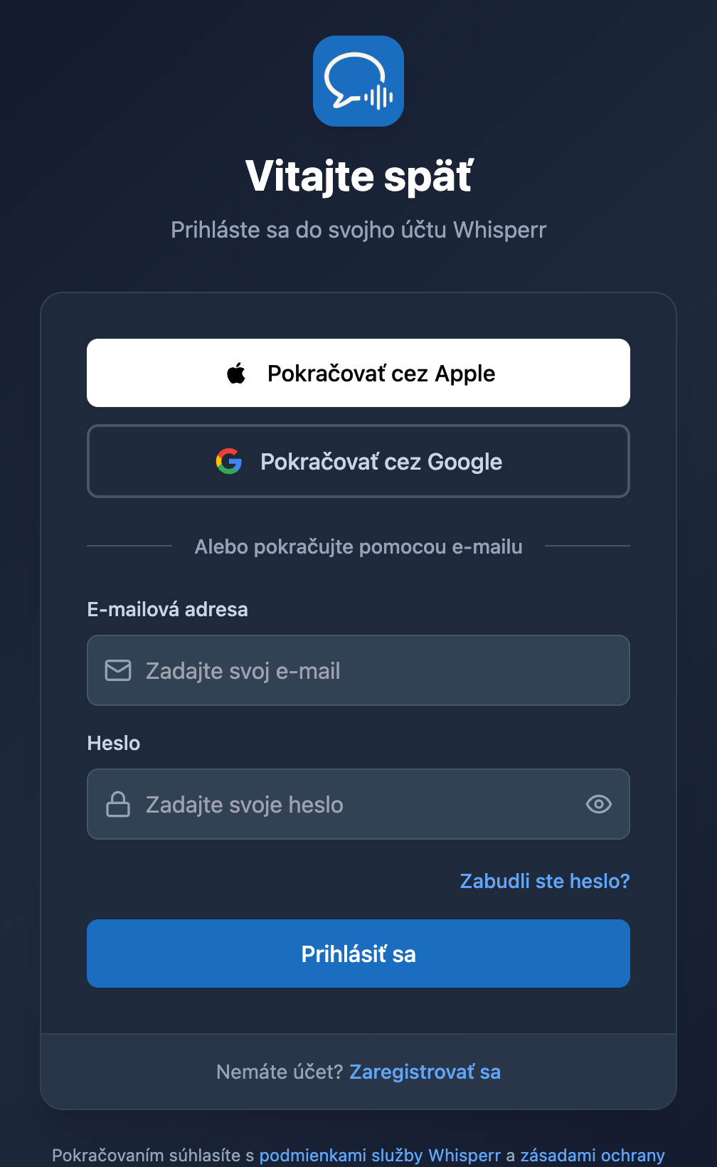 Prihlasovacia obrazovka webovej aplikácie Whisperr s odkazom „Zabudli ste heslo?“ pod poľom pre heslo