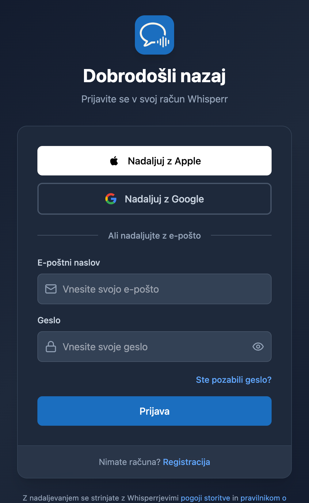 Prijavni zaslon spletne aplikacije Whisperr s povezavo »Ste pozabili geslo?« pod poljem za geslo