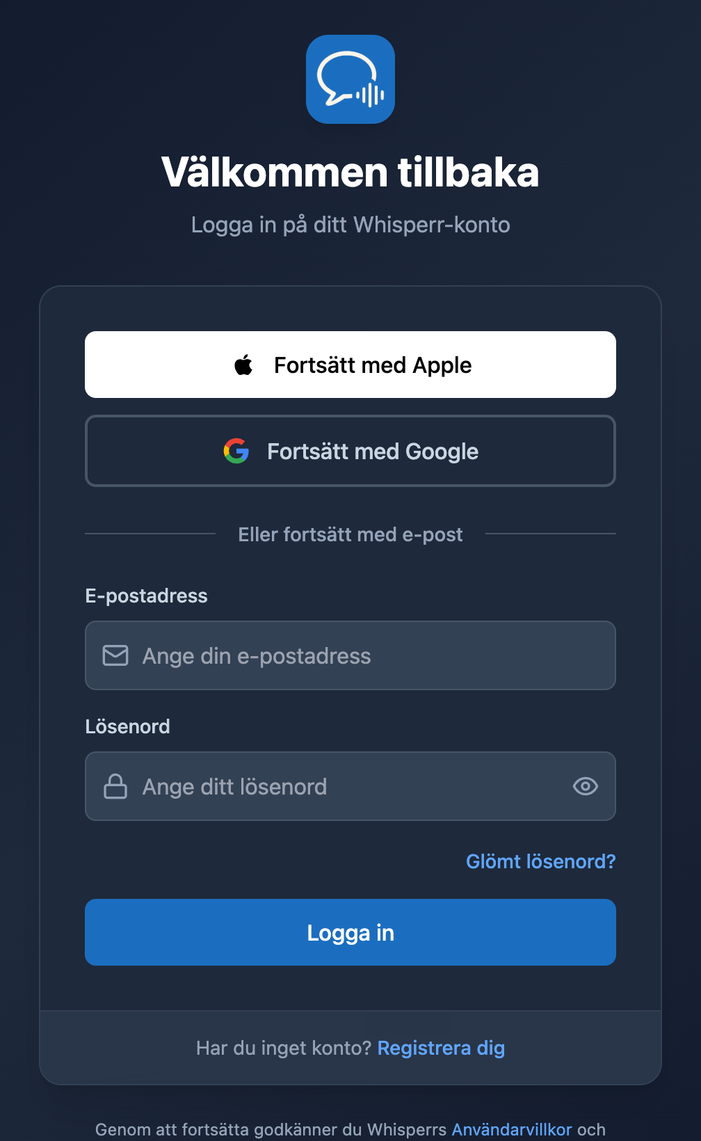 Whisperrs inloggningsskärm på webben med länken ”Glömt lösenord?” under lösenordsfältet