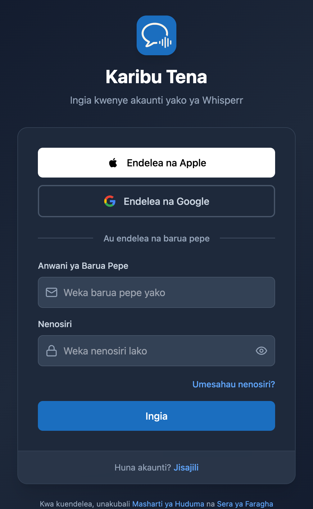 Skrini ya kuingia ya Whisperr kwenye Wavuti ikiwa na kiungo cha Umesahau nenosiri? chini ya sehemu ya nenosiri
