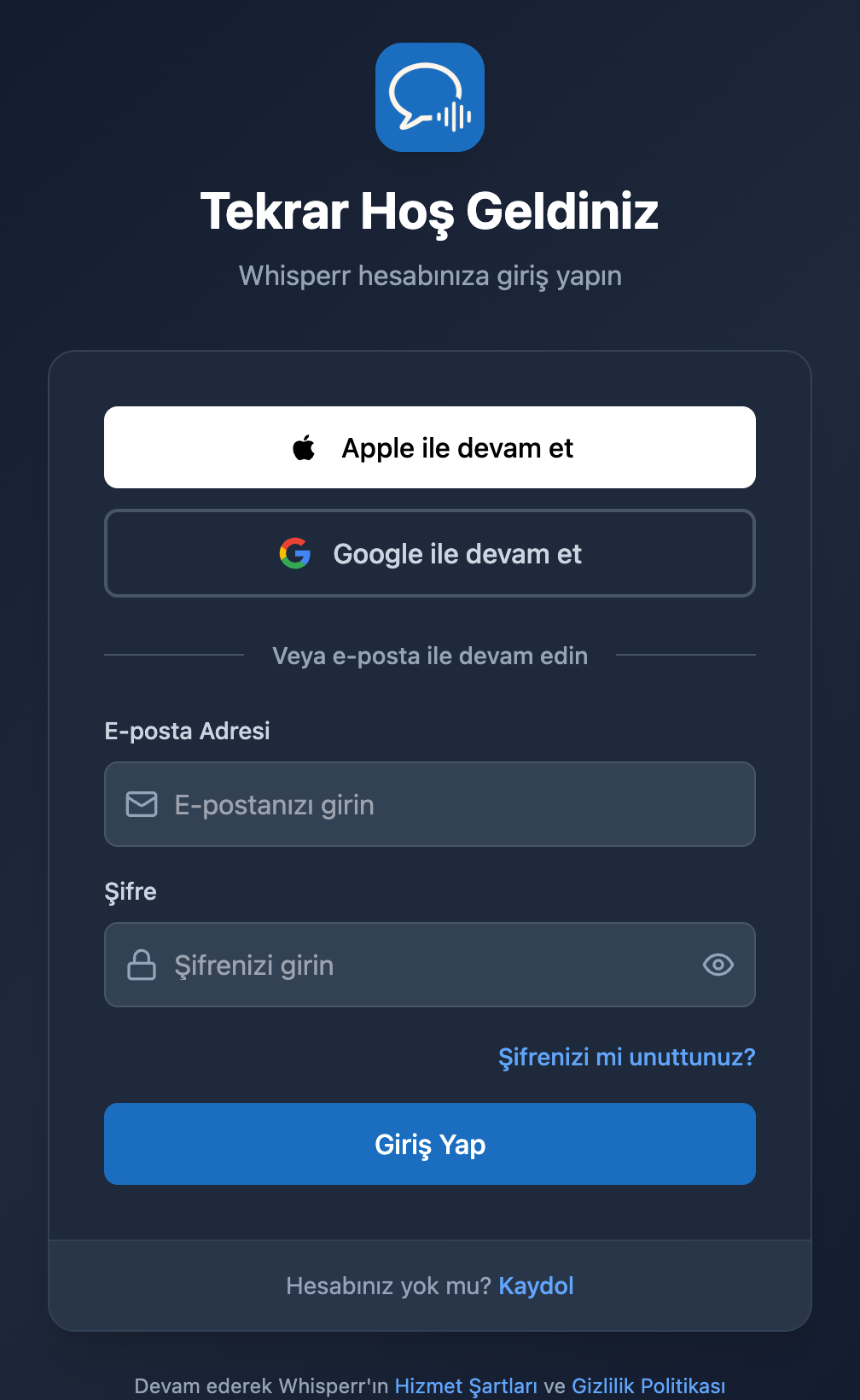 Whisperr Web giriş ekranı; şifre alanının altında Şifrenizi mi unuttunuz? bağlantısı görünüyor