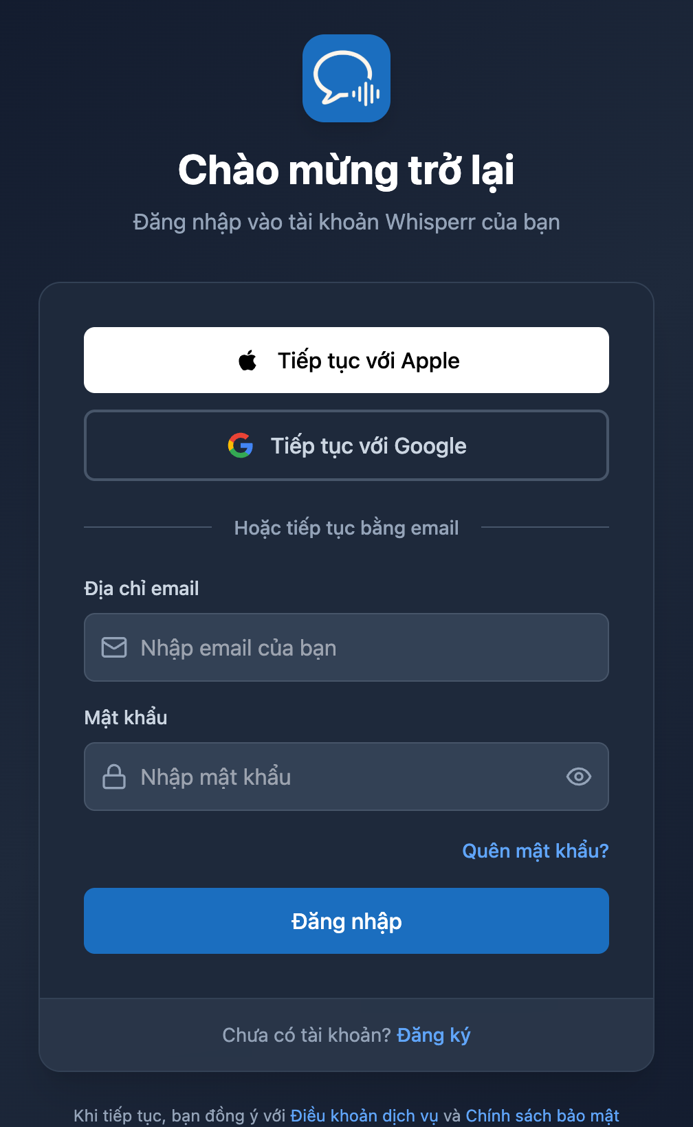 Màn hình đăng nhập Whisperr Web với liên kết Quên mật khẩu? bên dưới ô mật khẩu
