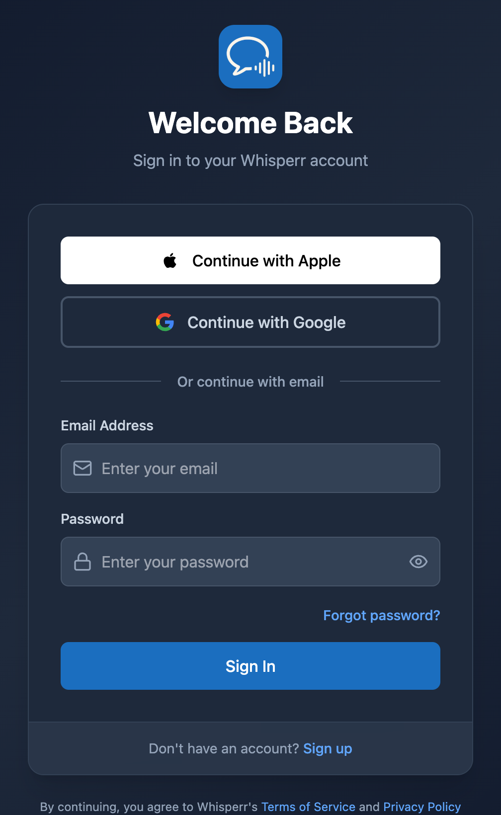 The Whisperr Web sign-in screen with the Forgot password? link below the password field