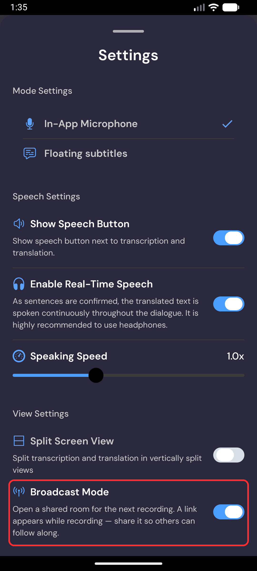 Turning on Broadcast Mode in Whisperr Android Settings