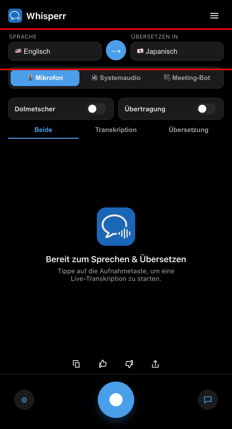 Setting the Speaking and Translate to languages in the Whisperr desktop app