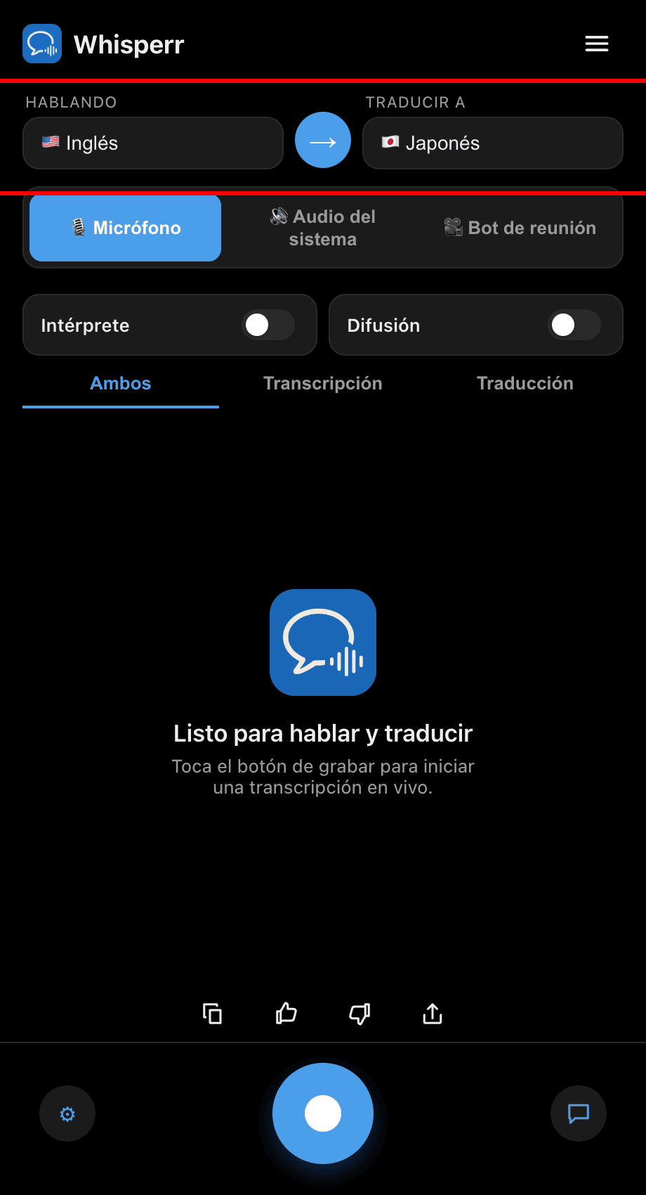 Setting the Speaking and Translate to languages in the Whisperr desktop app