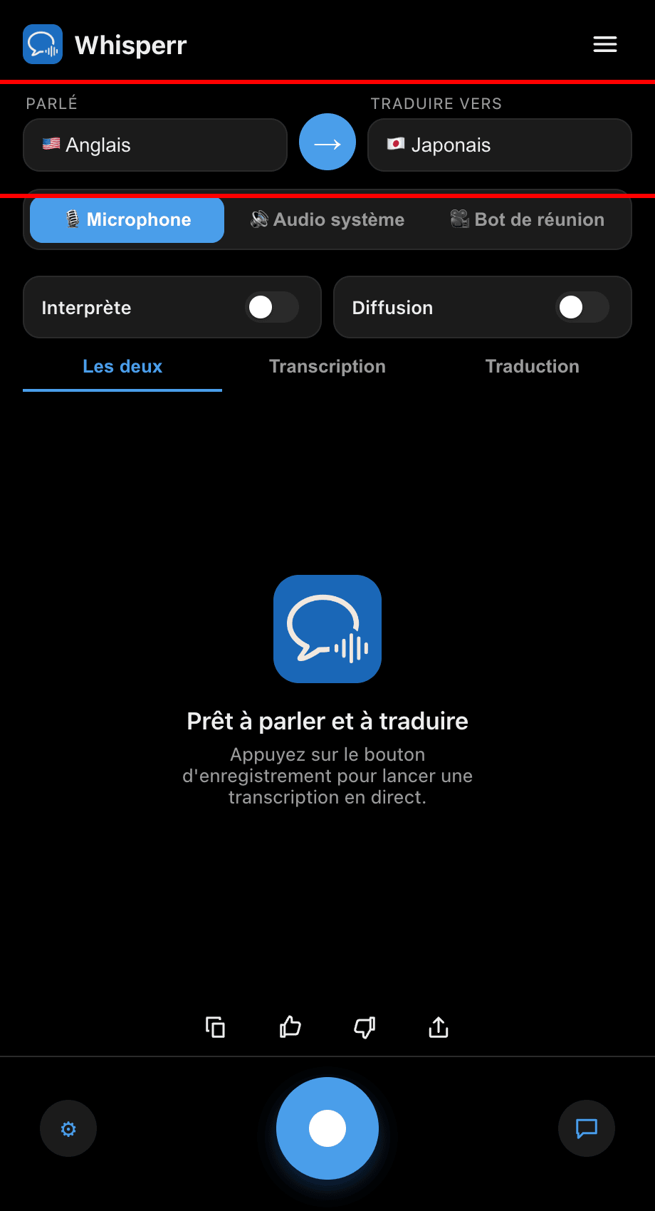 Setting the Speaking and Translate to languages in the Whisperr desktop app