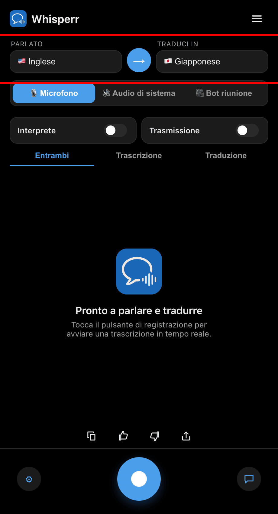 Setting the Speaking and Translate to languages in the Whisperr desktop app