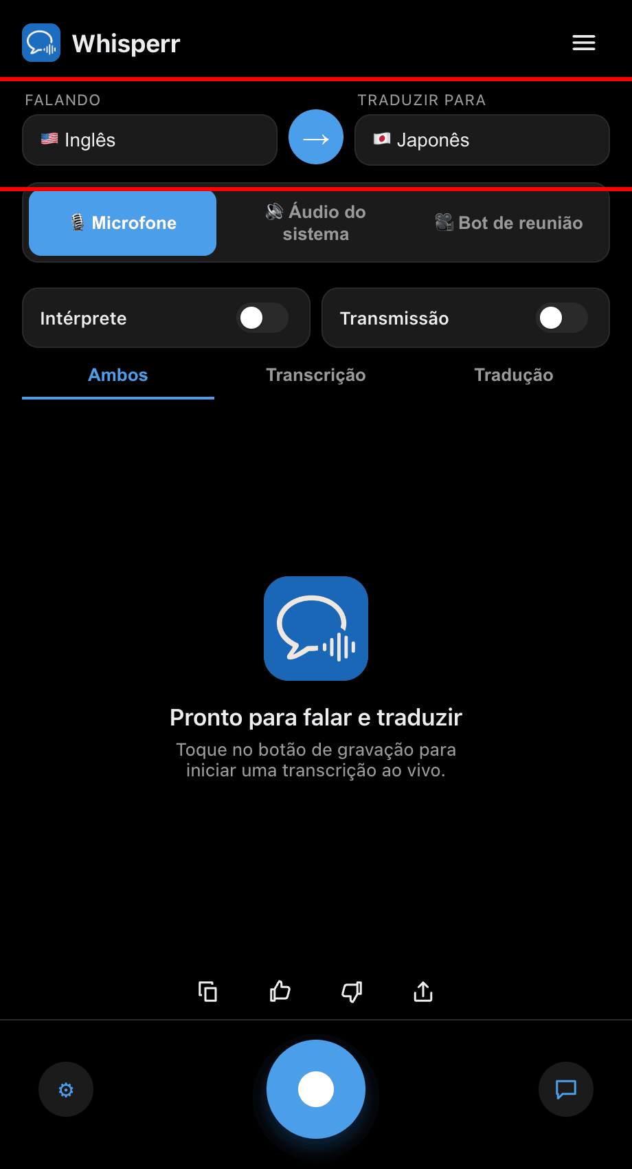 Setting the Speaking and Translate to languages in the Whisperr desktop app