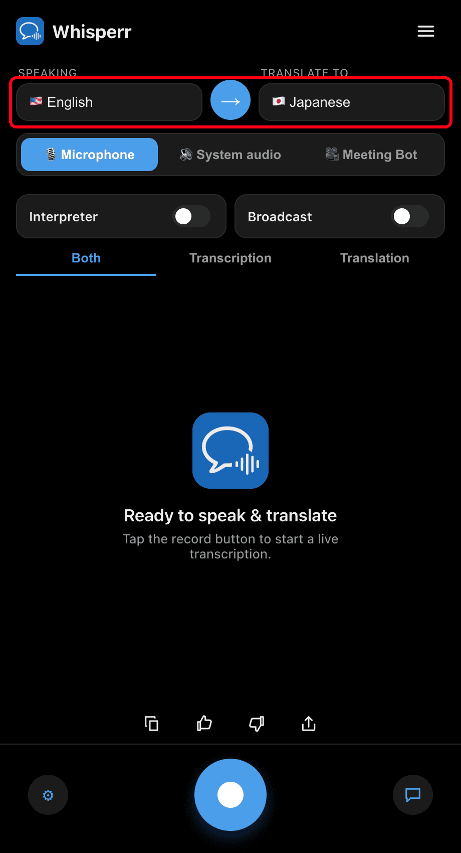 Setting the Speaking and Translate to languages in the Whisperr desktop app