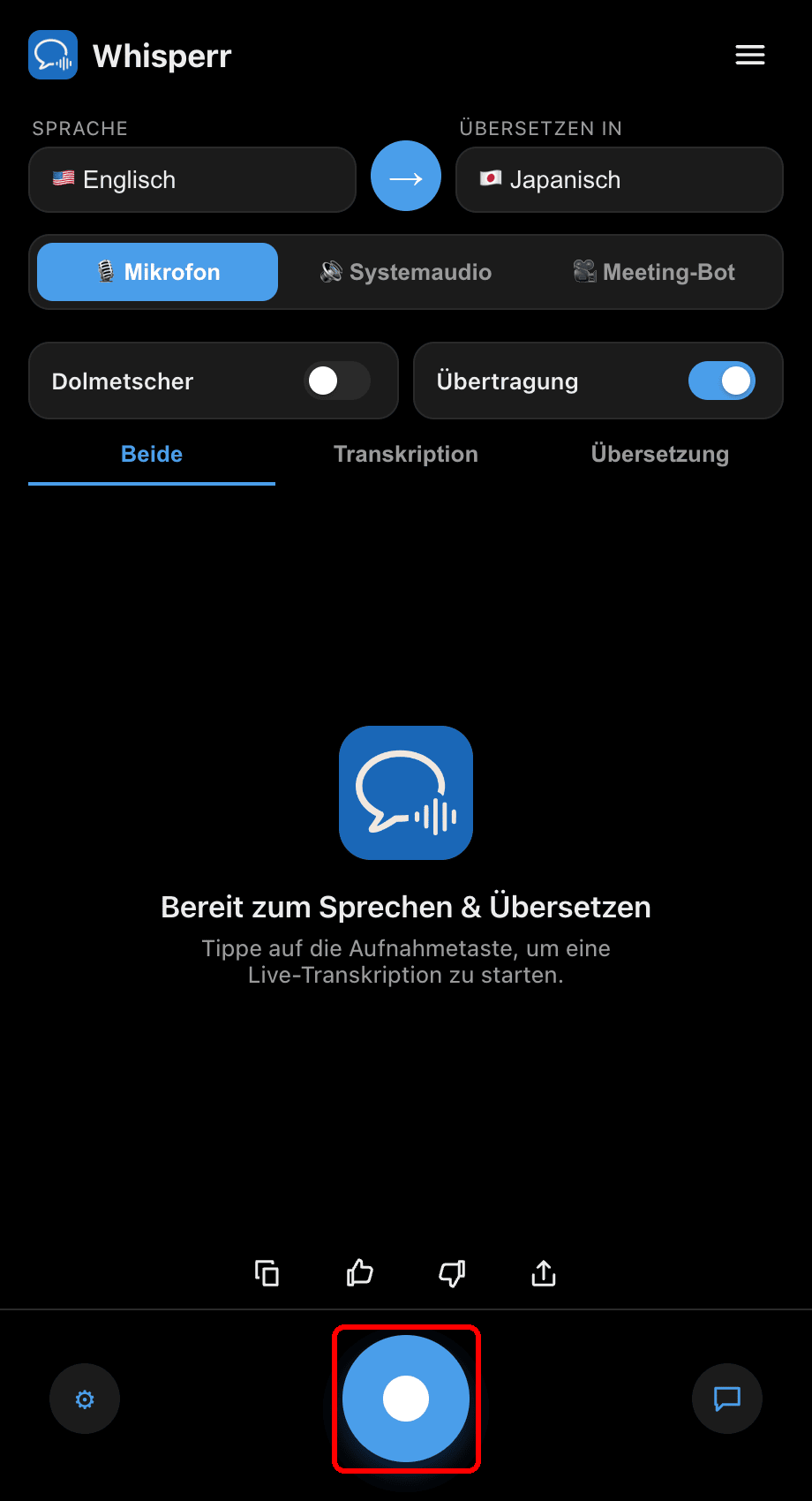 Clicking the record button in the Whisperr desktop app