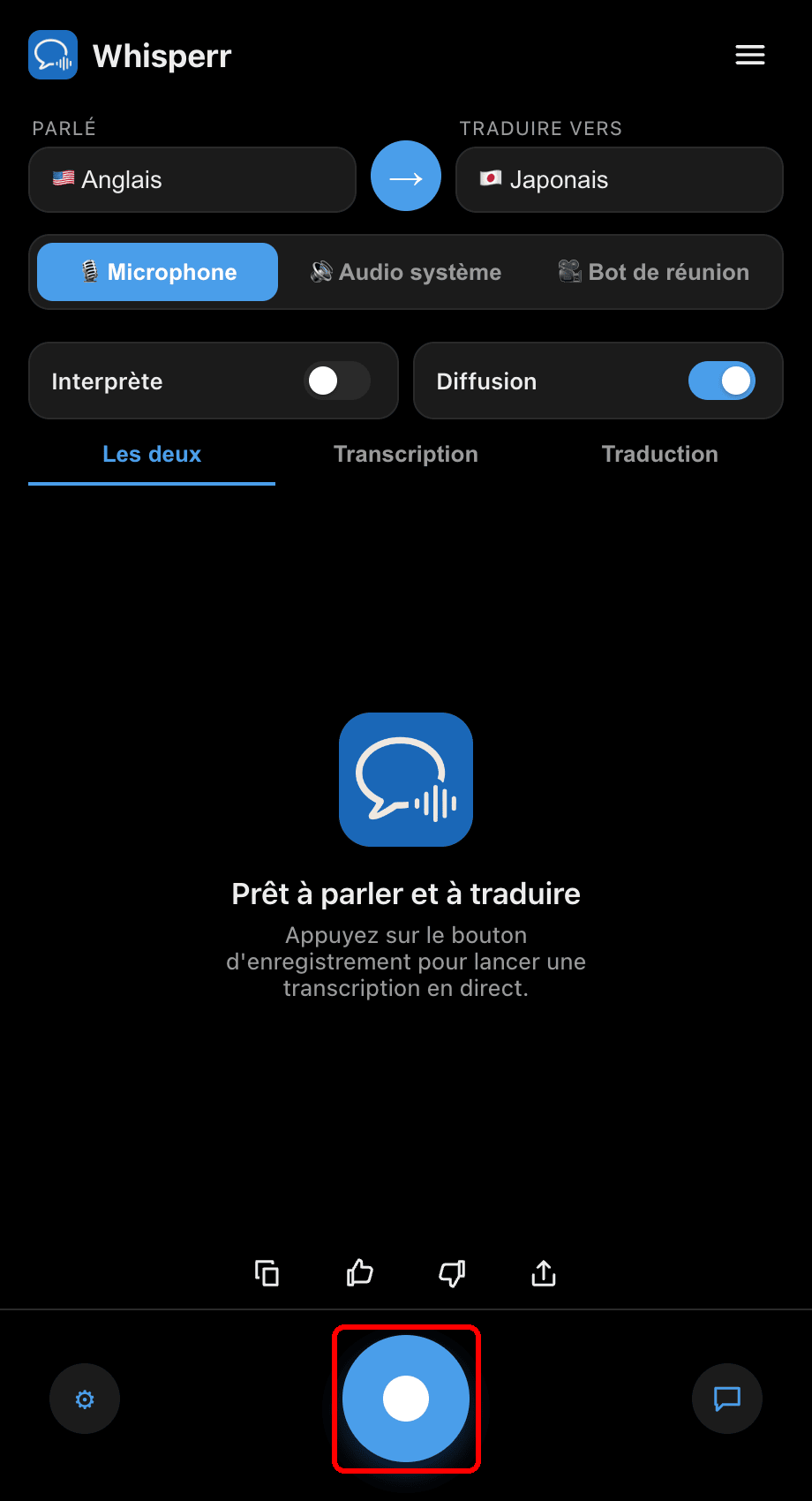 Clicking the record button in the Whisperr desktop app