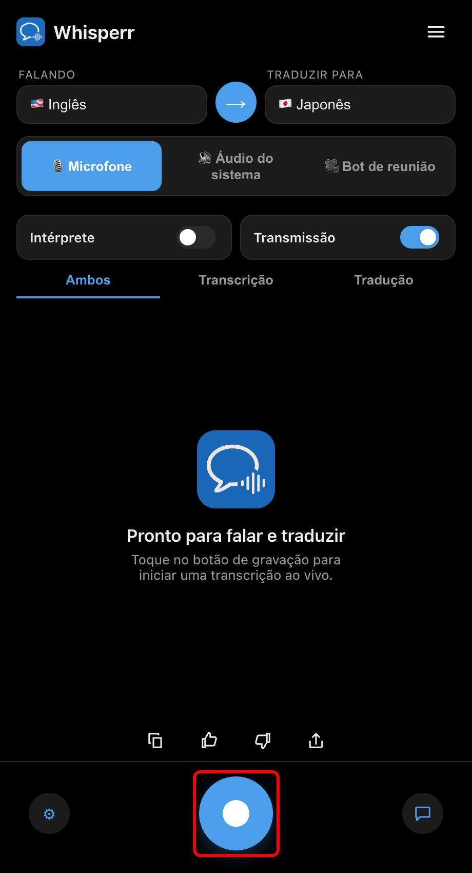 Clicking the record button in the Whisperr desktop app