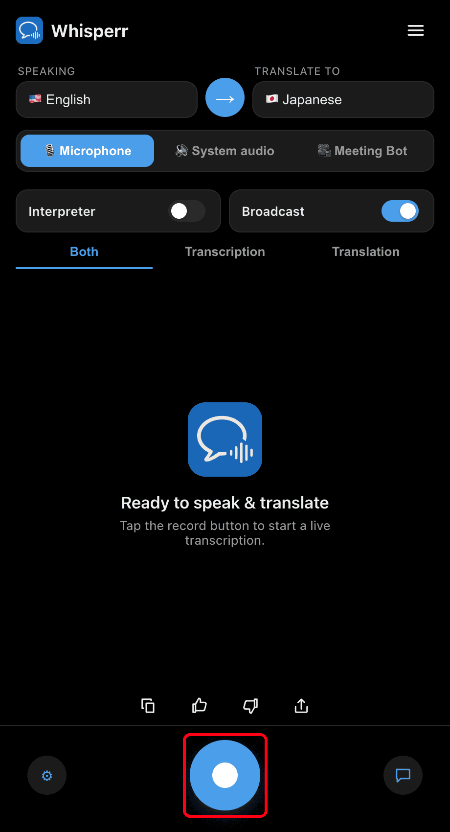 Clicking the record button in the Whisperr desktop app