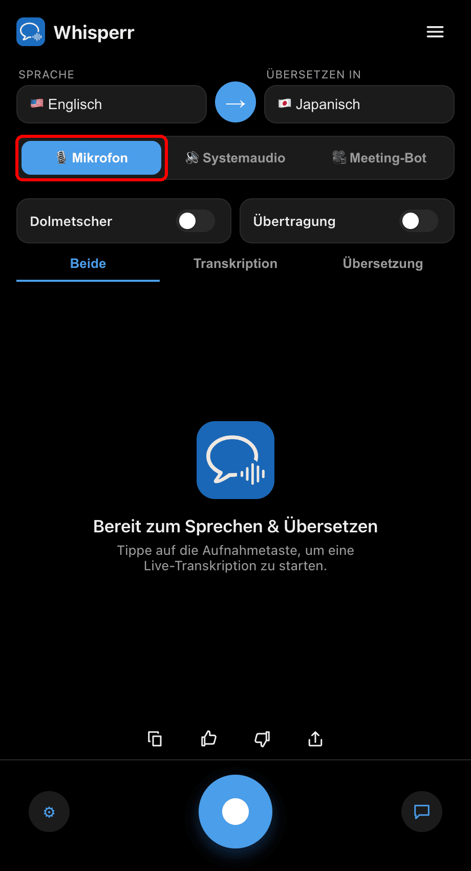 Whisperr desktop app with the Microphone source selected