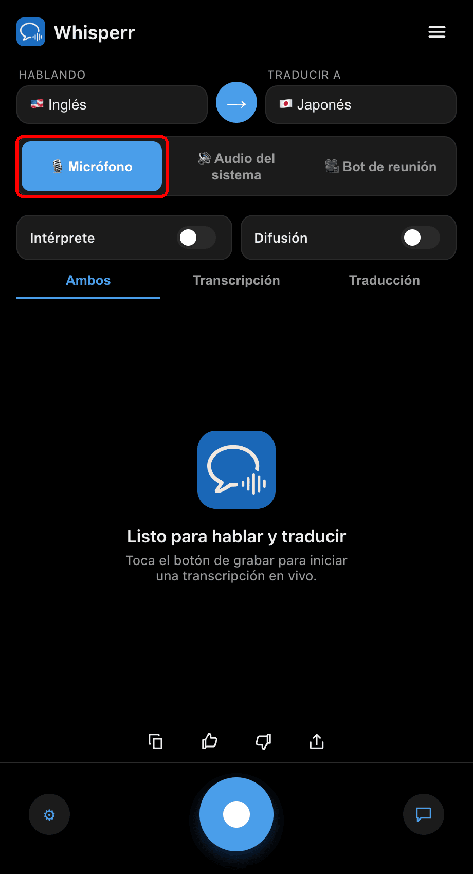 Whisperr desktop app with the Microphone source selected