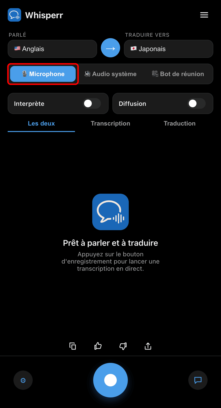Whisperr desktop app with the Microphone source selected