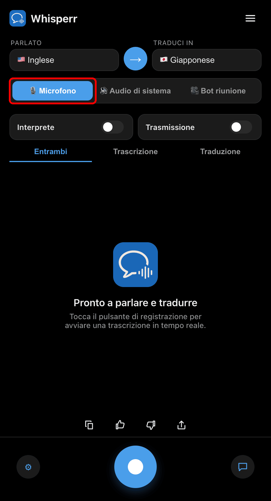 Whisperr desktop app with the Microphone source selected