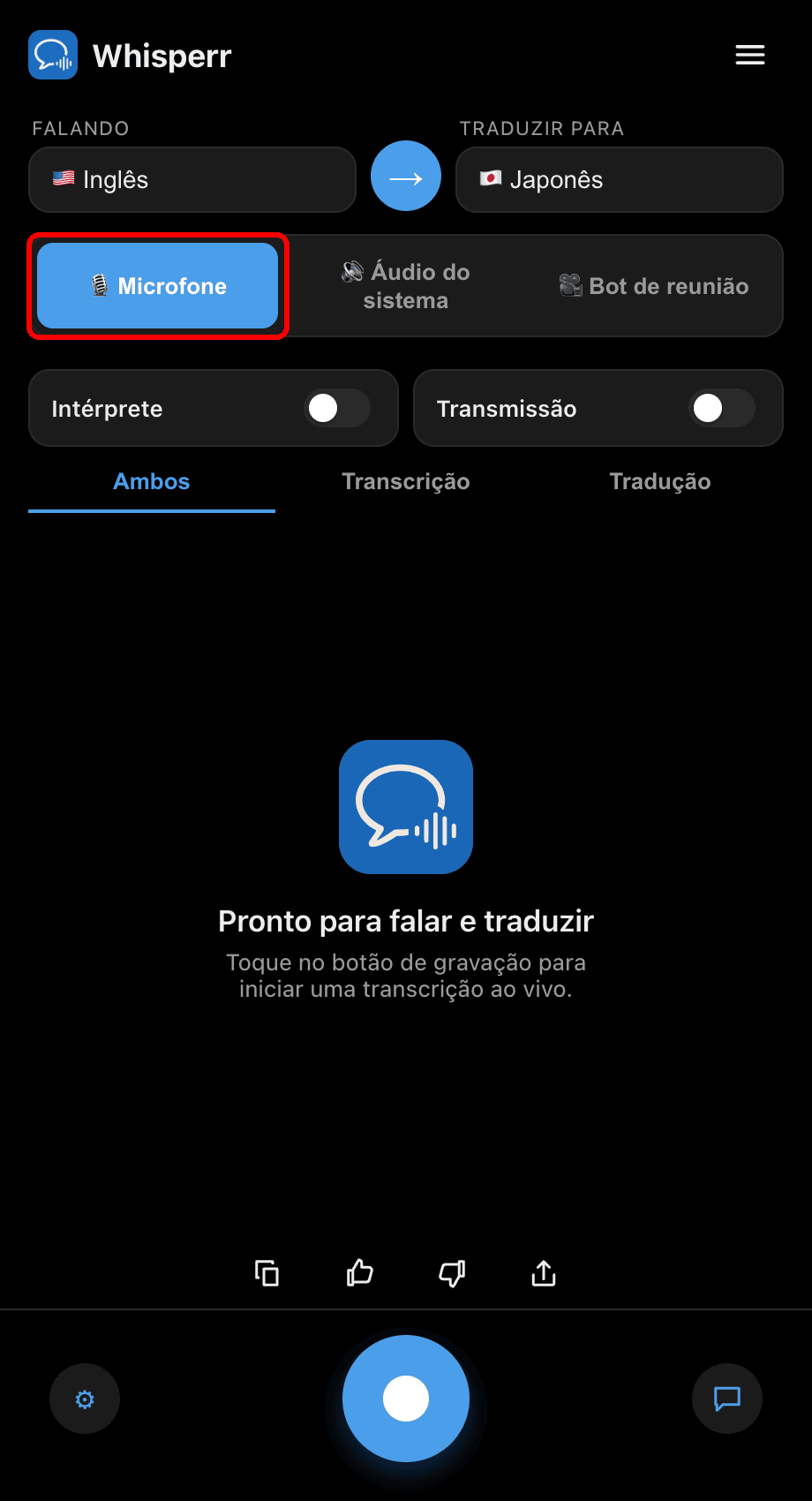 Whisperr desktop app with the Microphone source selected