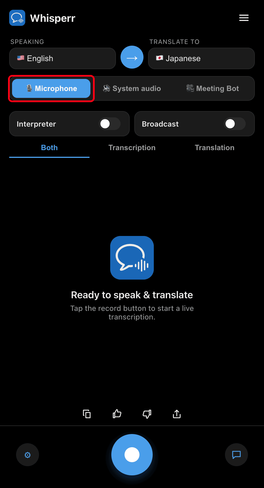 Whisperr desktop app with the Microphone source selected