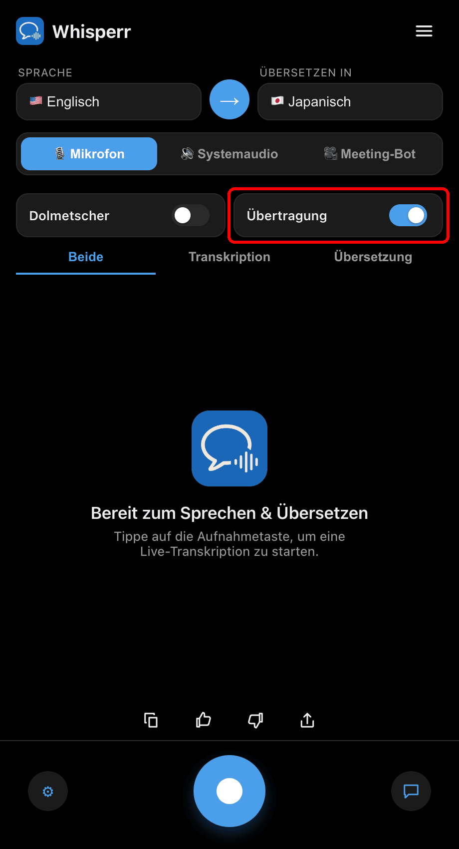 Turning on the Broadcast toggle in the Whisperr desktop app