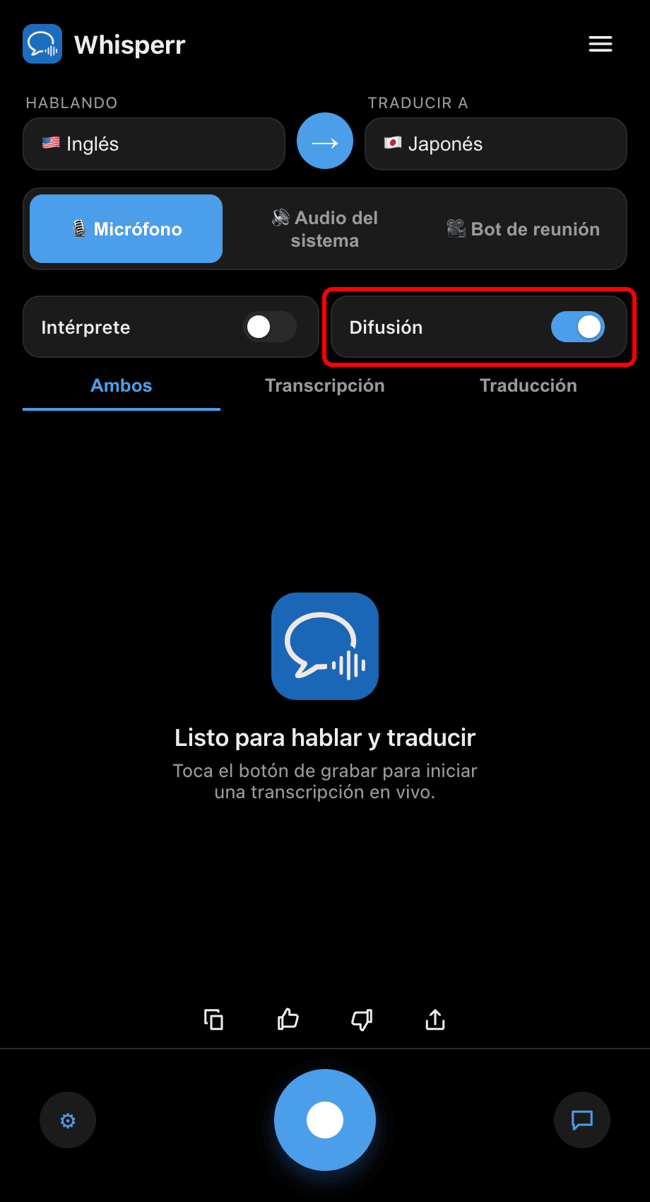 Turning on the Broadcast toggle in the Whisperr desktop app