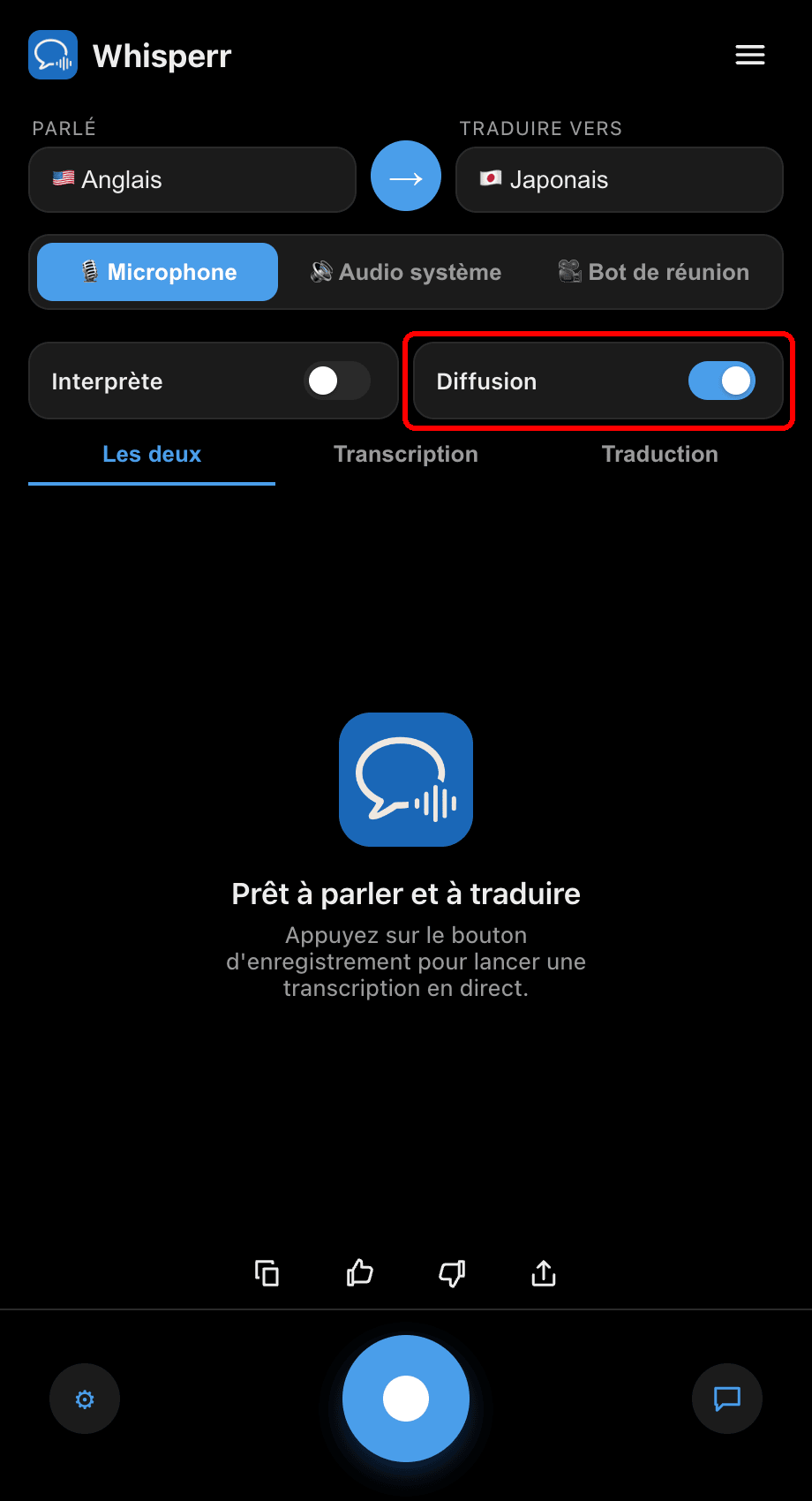 Turning on the Broadcast toggle in the Whisperr desktop app