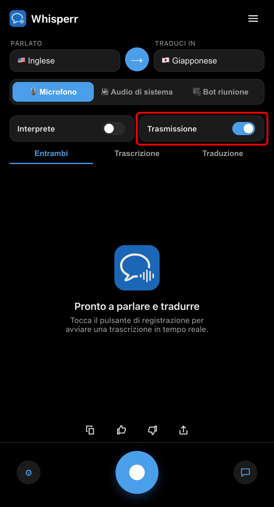 Turning on the Broadcast toggle in the Whisperr desktop app